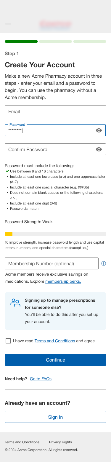 Create-account password criteria screen